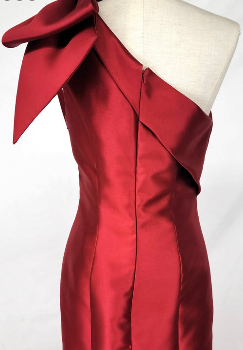 Chicas DM8690 Elegant Evening Red Mermaid One-Shoulder Bow Satin Dress