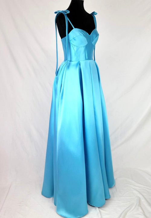 Chicas DM8033 Modern Prom Blue A-Line Sweetheart Bow Floor-Length Satin Dress
