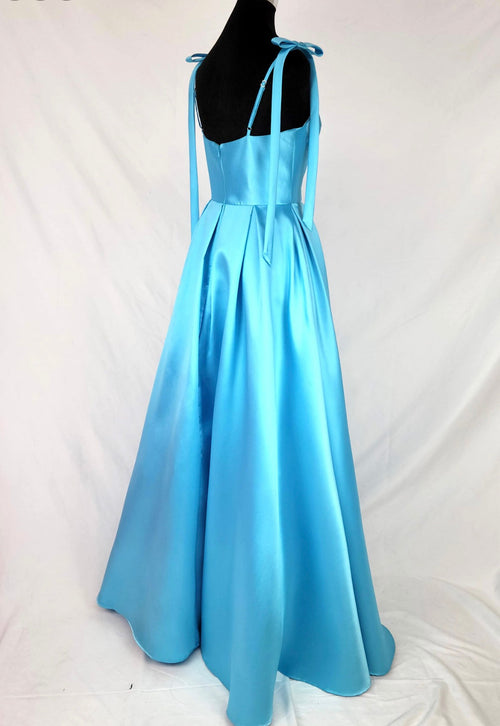 Chicas DM8033 Modern Prom Blue A-Line Sweetheart Bow Floor-Length Satin Dress