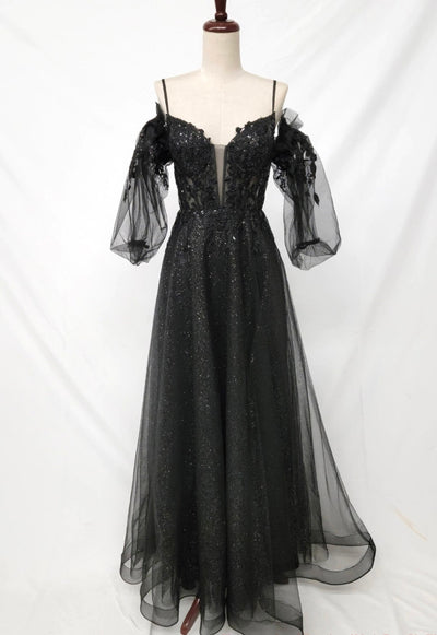 Chicas C358 Modern Printed Prom Black A-Line Spaghetti-Strap Tulle Dress
