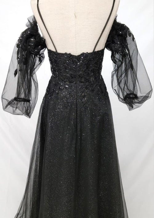 Chicas C358 Modern Printed Prom Black A-Line Spaghetti-Strap Tulle Dress