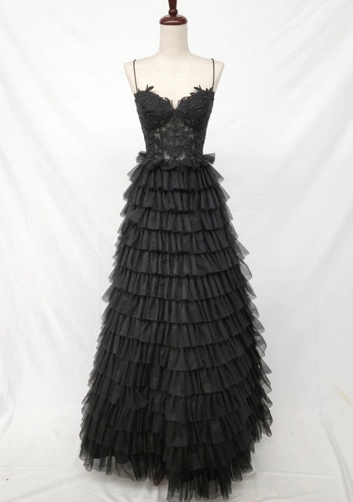 Chicas C833 Printed Evening Black Spaghetti-Strap Floral Tulle Dress