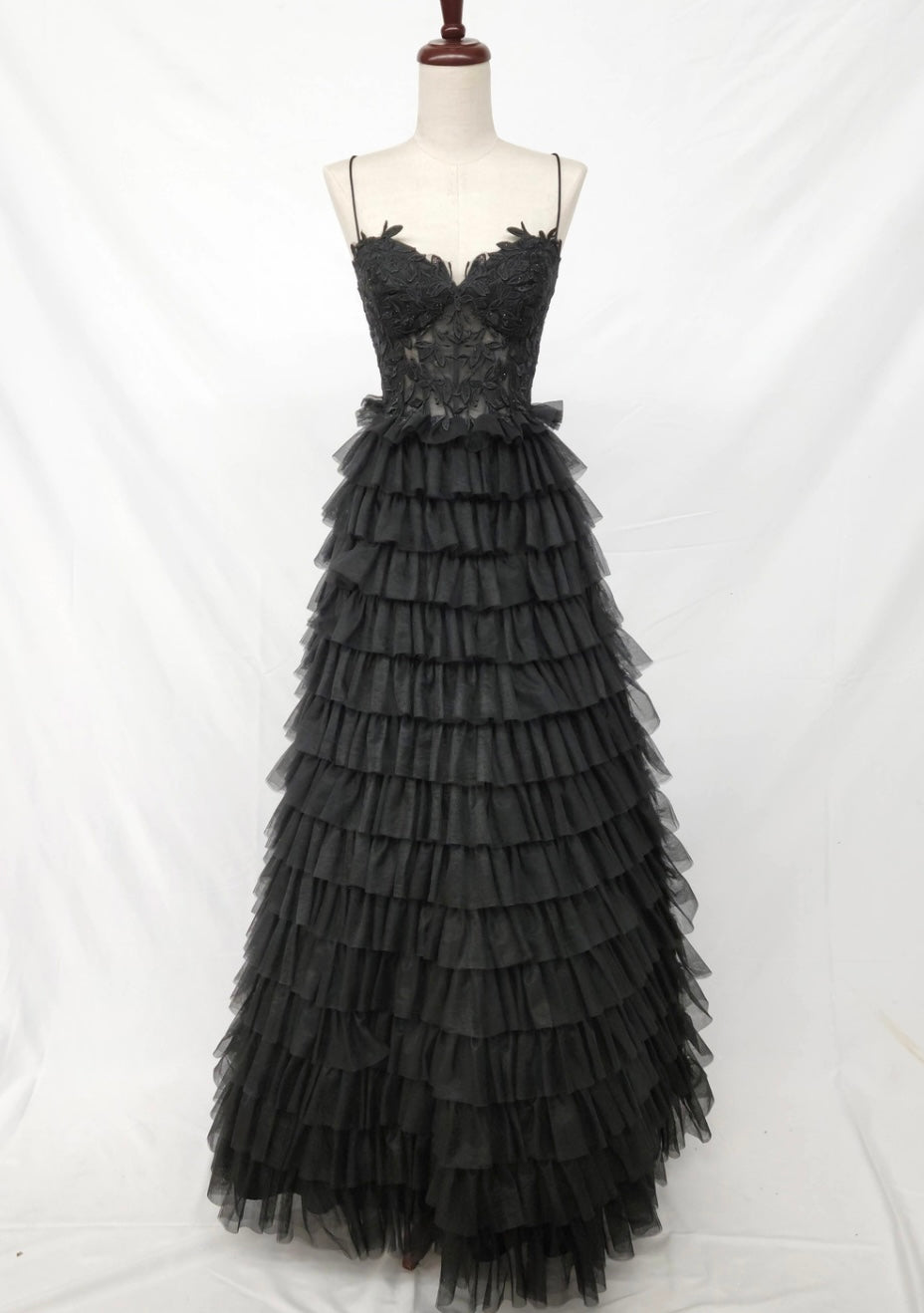 Chicas C833 Printed Evening Black Spaghetti-Strap Floral Tulle Dress