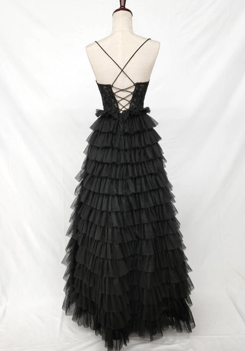 Chicas C833 Printed Evening Black Spaghetti-Strap Floral Tulle Dress