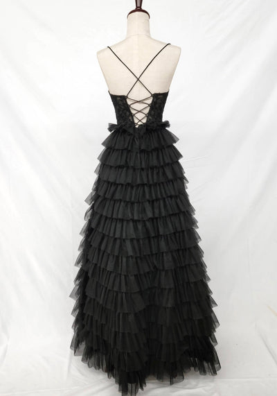 Chicas C833 Printed Evening Black Spaghetti-Strap Floral Tulle Dress