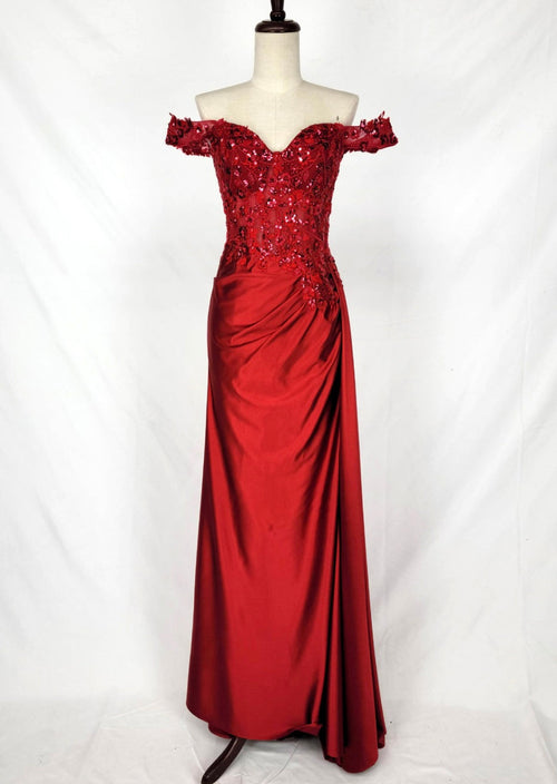 Chicas C362 Printed Evening Red Illusion Floral Floor-Length Satin Dress