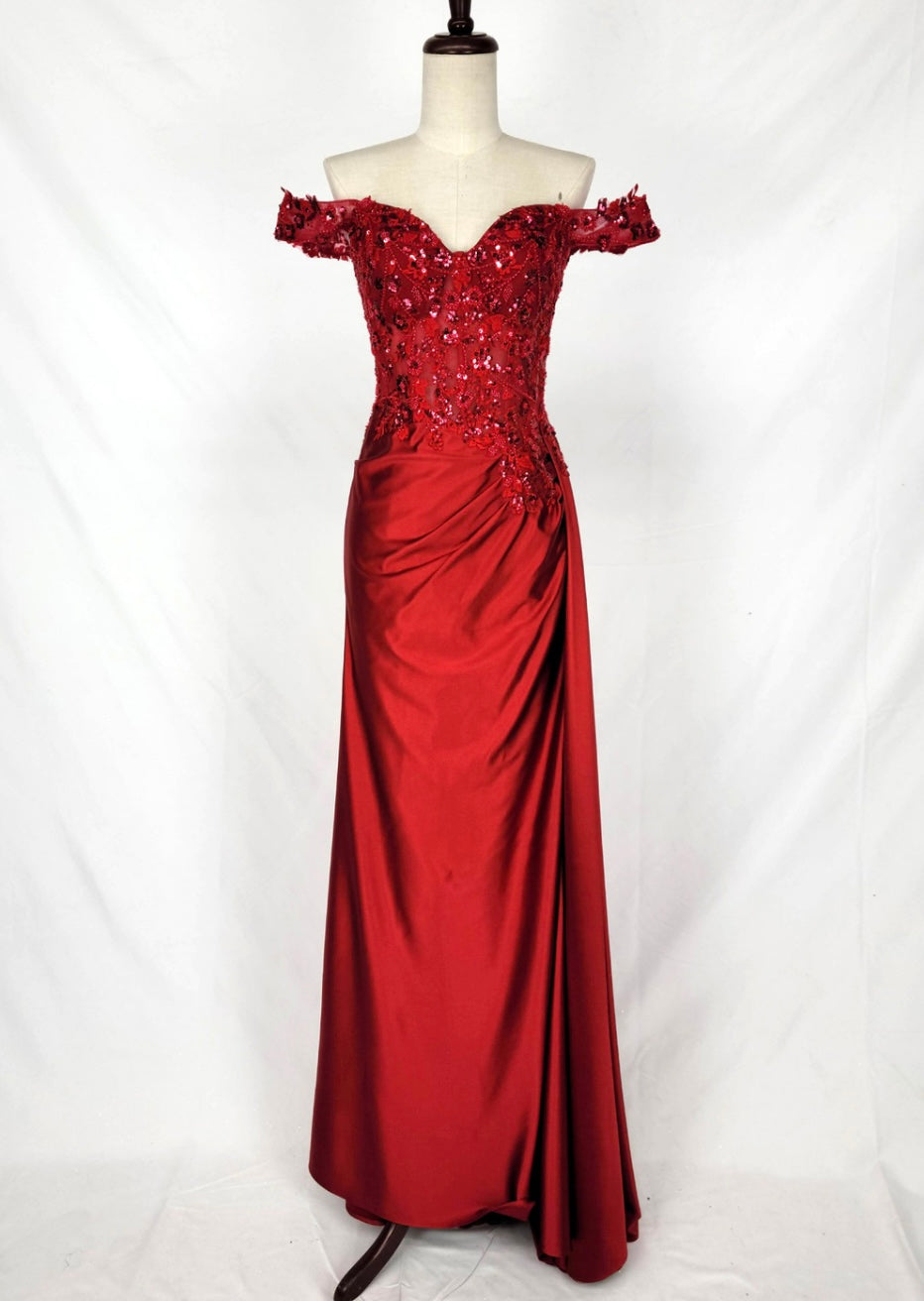 Chicas C362 Printed Evening Red Illusion Floral Floor-Length Satin Dress