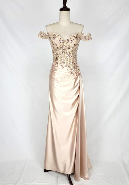 Chicas C362 Printed Evening Red Illusion Floral Floor-Length Satin Dress