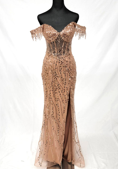 Chicas C331 Evening Floor-Length Corset High-Slit Beaded Fabric Dress