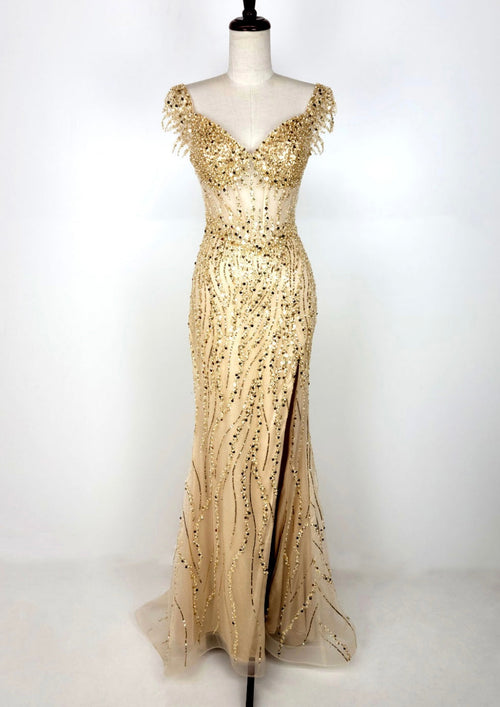 Chicas C331 Evening Floor-Length Corset High-Slit Beaded Fabric Dress