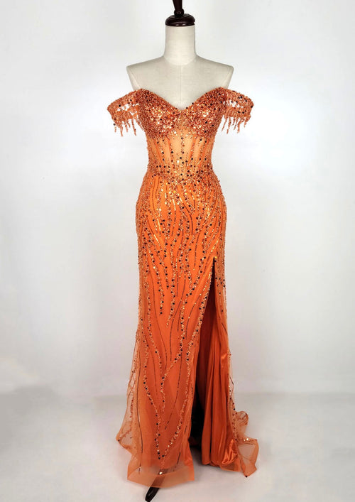 Chicas C331 Evening Floor-Length Corset High-Slit Beaded Fabric Dress