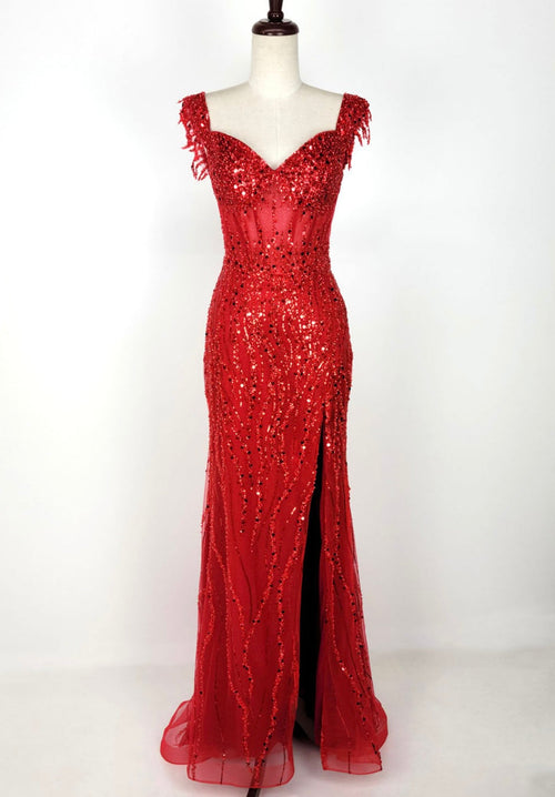 Chicas C331 Evening Floor-Length Corset High-Slit Beaded Fabric Dress
