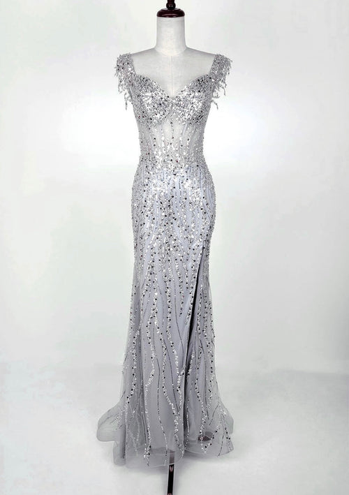 Chicas C331 Evening Floor-Length Corset High-Slit Beaded Fabric Dress