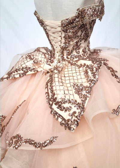 Chicas HF3063 Gold BallDress Floor-Length Sequin Embroidered Organza Dress
