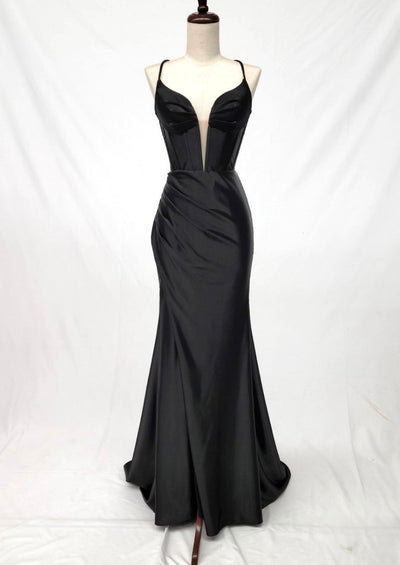 Chicas C360 Glam Evening Black Illusion Floor-Length Corset Satin Dress