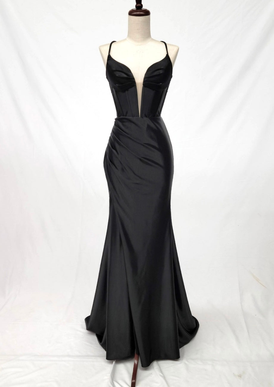 Chicas C360 Glam Evening Black Illusion Floor-Length Corset Satin Dress