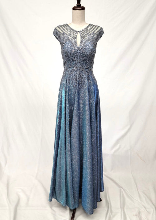 Chicas J132 Evening Blue A-Line Floor-Length Embroidered Shimmer Fabric Dress