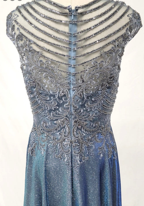 Chicas J132 Evening Blue A-Line Floor-Length Embroidered Shimmer Fabric Dress