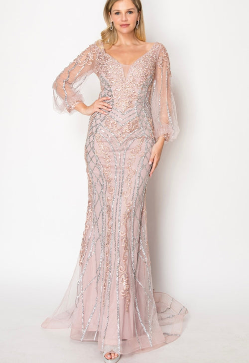 Chicas C339 Evening Gold Illusion Floor-Length Fabric Dress