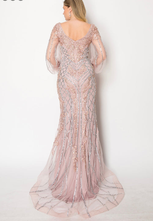 Chicas C339 Evening Gold Illusion Floor-Length Fabric Dress