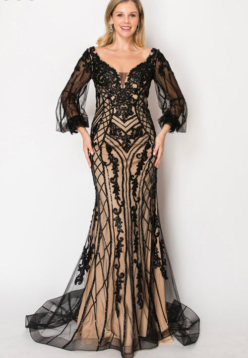 Chicas C339 Evening Gold Illusion Floor-Length Fabric Dress