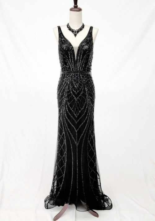 Chicas C830 Evening Black Illusion Floor-Length Beaded Fabric Dress