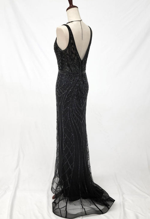 Chicas C830 Evening Black Illusion Floor-Length Beaded Fabric Dress