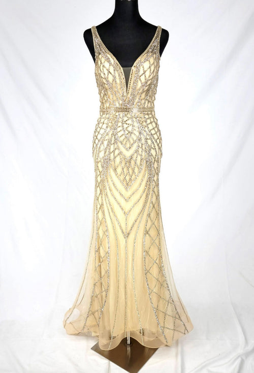 Chicas C830 Evening Black Illusion Floor-Length Beaded Fabric Dress