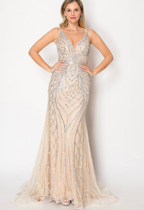 Chicas C830 Evening Black Illusion Floor-Length Beaded Fabric Dress