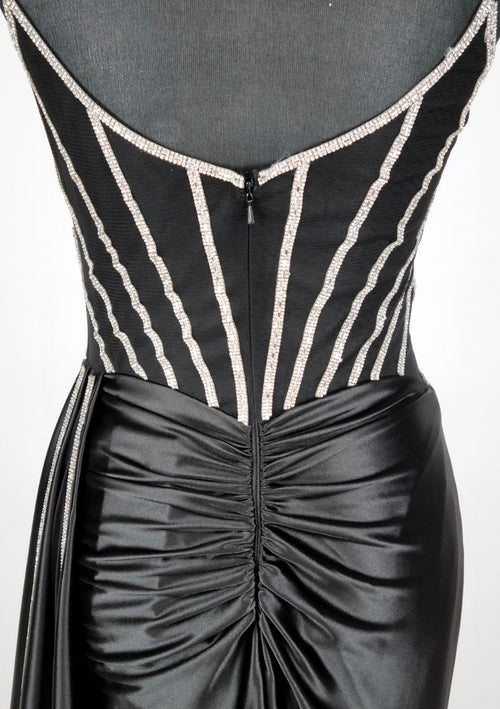 Chicas C343 Evening Black Spaghetti-Strap Floor-Length Satin Dress