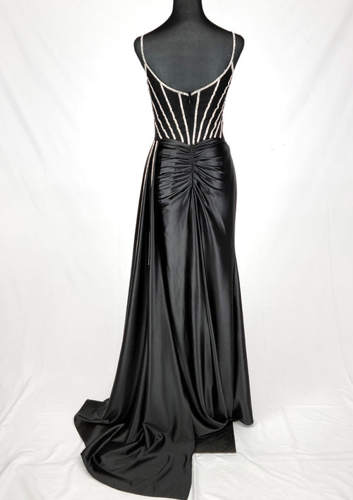 Chicas C343 Evening Black Spaghetti-Strap Floor-Length Satin Dress