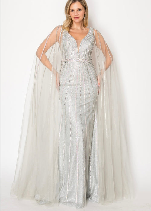 Chicas C828 Formal Silver Floor-Length Sequin Shimmer Cape Tulle Dress