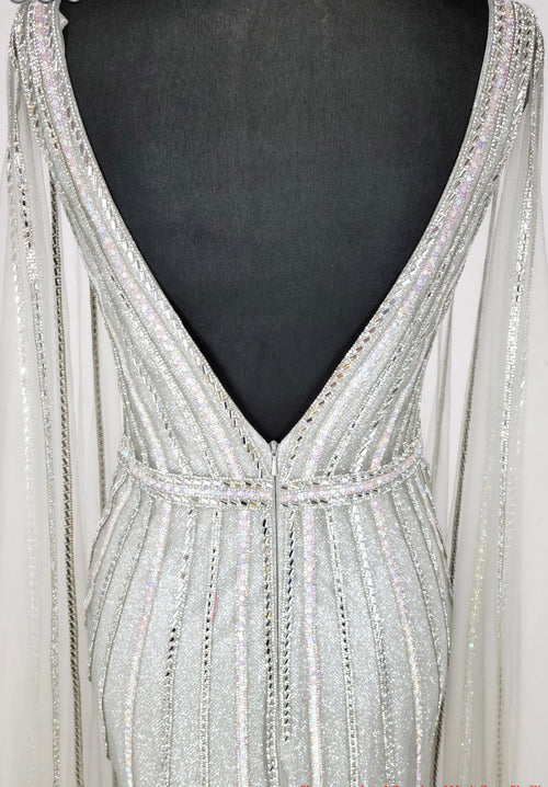 Chicas C828 Formal Silver Floor-Length Sequin Shimmer Cape Tulle Dress