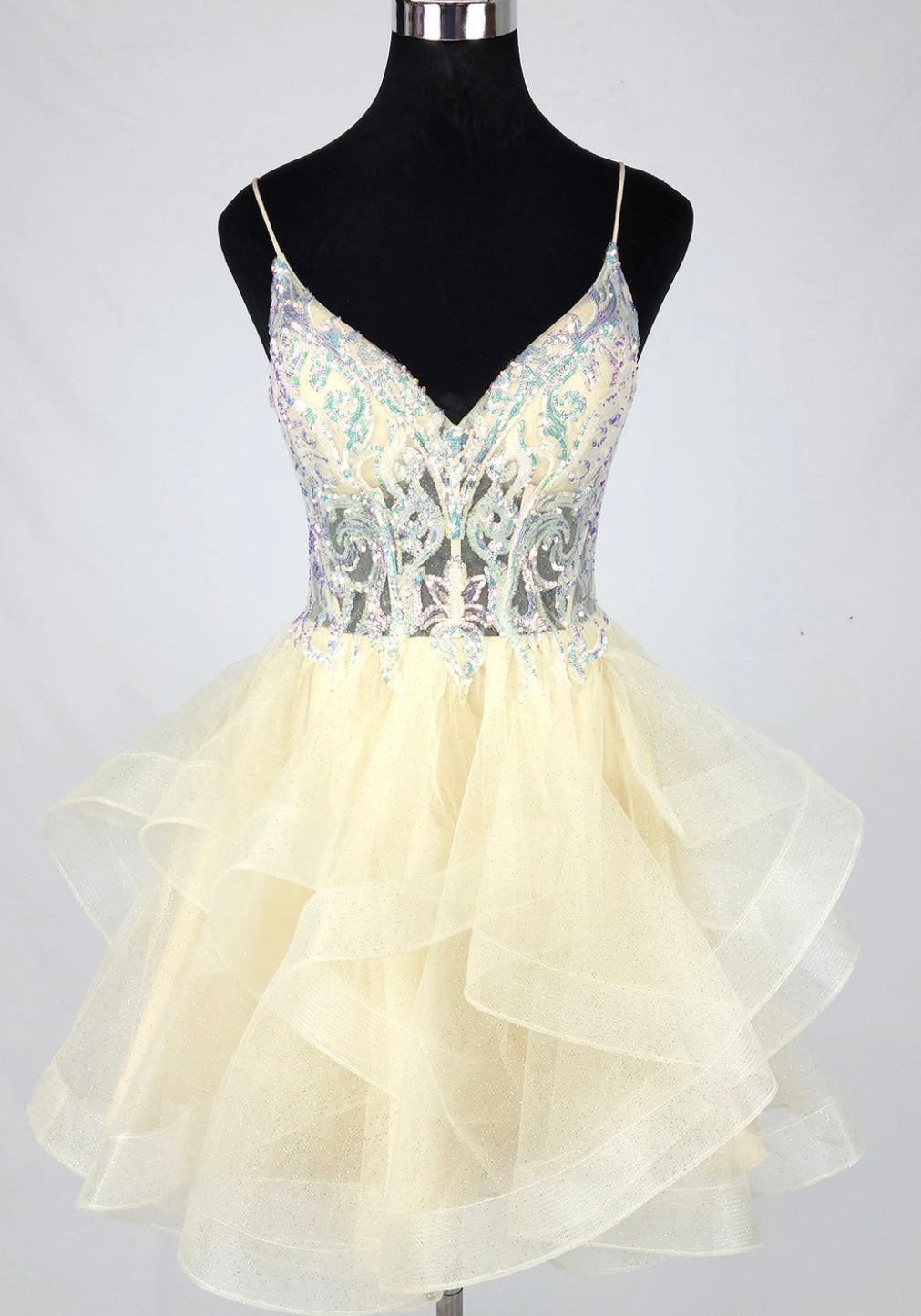 Chicas DM8031 Cocktail Champagne Spaghetti-Strap Short Sequin Tulle Dress