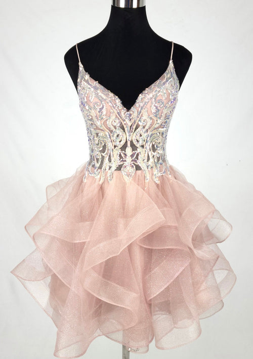 Chicas DM8031 Cocktail Champagne Spaghetti-Strap Short Sequin Tulle Dress