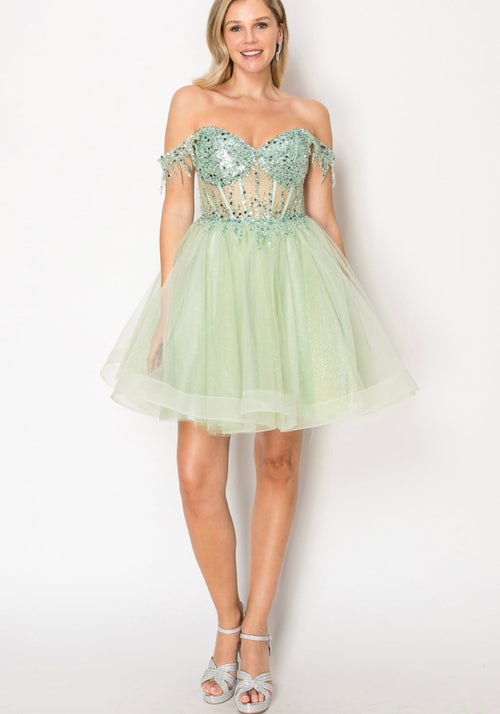 Chicas C356 Champagne Sweetheart Mini Corset Beaded Tulle Dress