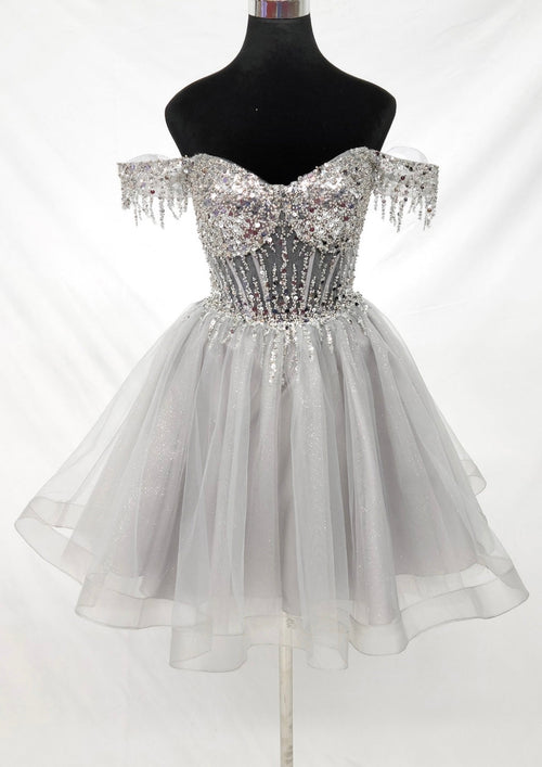 Chicas C356 Champagne Sweetheart Mini Corset Beaded Tulle Dress