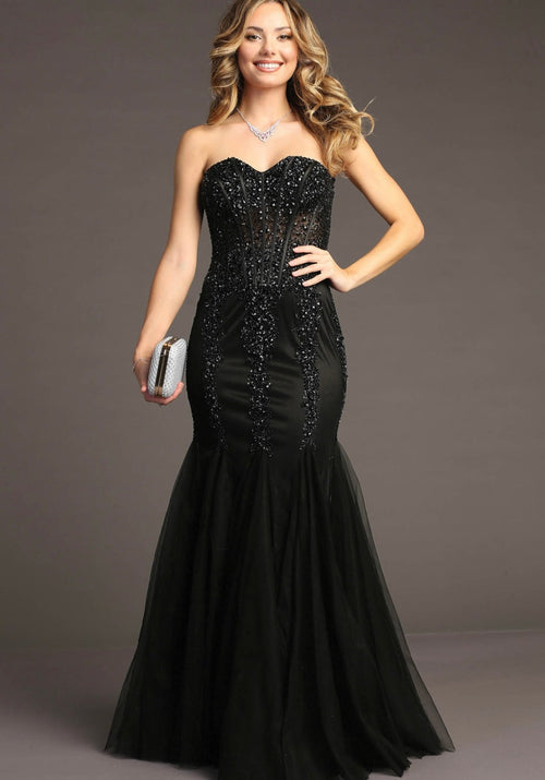 Chicas C820 Prom Black Mermaid Strapless Floor-Length Tulle Dress
