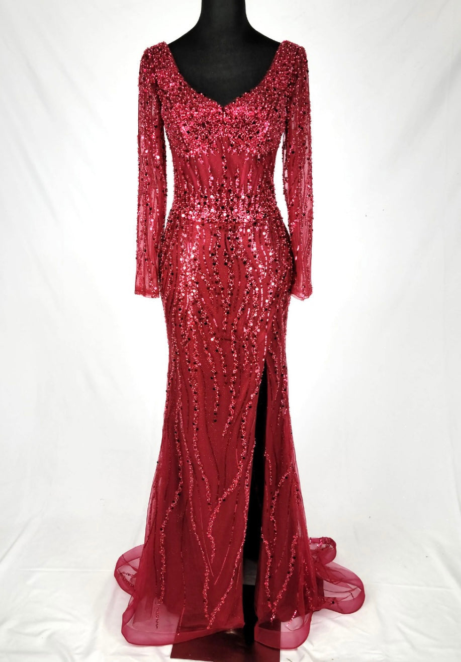 Chicas C353 Evening Red Sweetheart Long High-Slit Fabric Dress