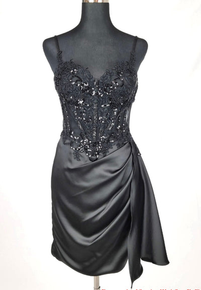 Chicas C355 Elegant Cocktail Black Spaghetti-Strap Short Corset Satin Dress