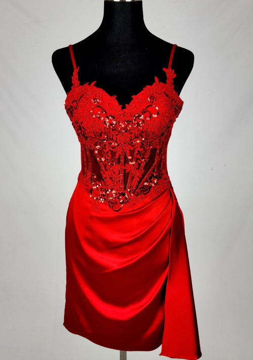 Chicas C355 Elegant Cocktail Black Spaghetti-Strap Short Corset Satin Dress