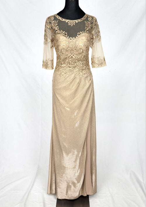 Chicas J046 Evening Gold Illusion Floor-Length High-Slit Fabric Dress