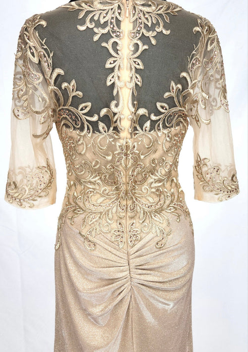 Chicas J046 Evening Gold Illusion Floor-Length High-Slit Fabric Dress