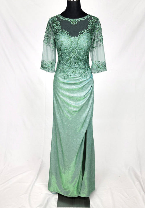 Chicas J046 Evening Gold Illusion Floor-Length High-Slit Fabric Dress