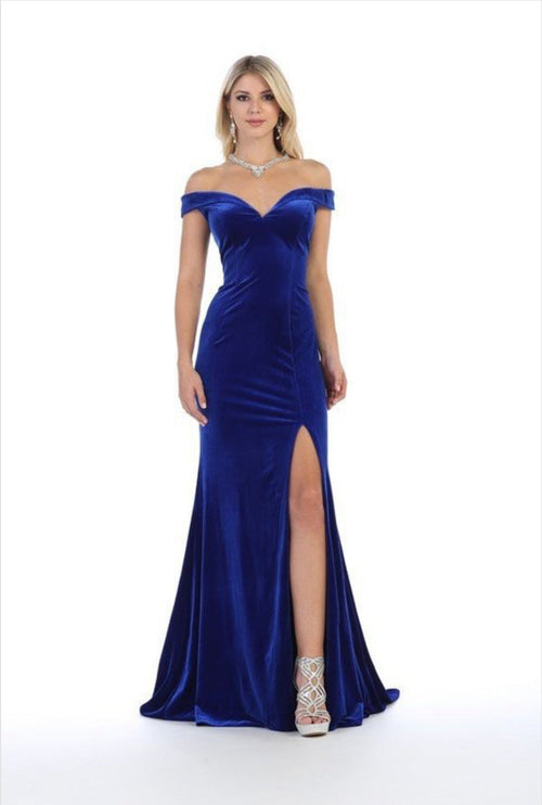 Chicas 6532 Solid-Color Off-Shoulder Long High-Slit Velvet Dress
