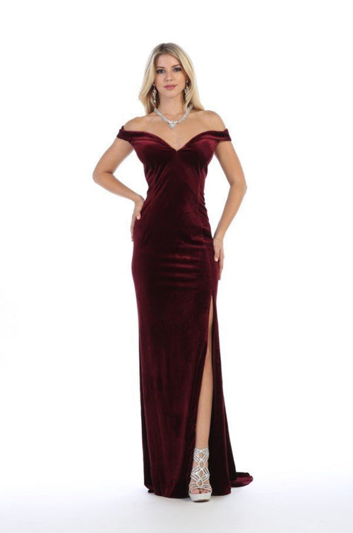 Chicas 6532 Solid-Color Off-Shoulder Long High-Slit Velvet Dress