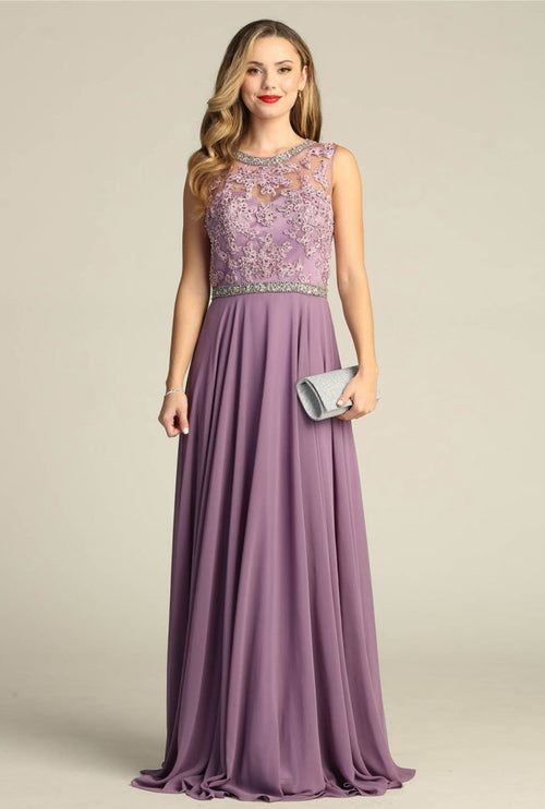 Chicas YG5005 Long Open-Back Beaded Chic Style Chiffon Dress
