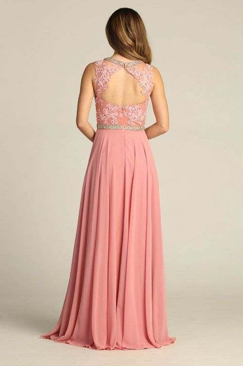 Chicas YG5005 Long Open-Back Beaded Chic Style Chiffon Dress