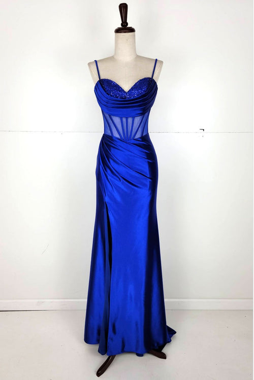 Chicas C333 Sweetheart Corset High-Slit Beaded Strappy Satin Dress