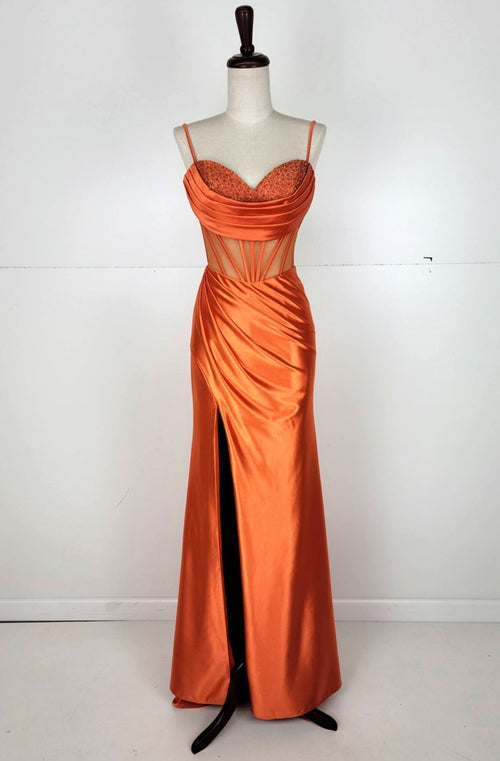 Chicas C333 Sweetheart Corset High-Slit Beaded Strappy Satin Dress